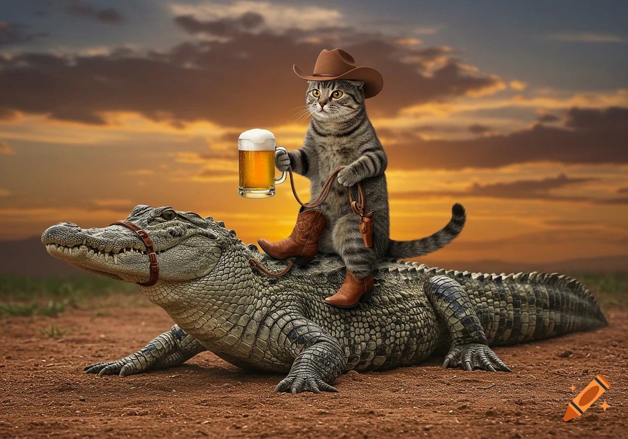 A photorealistic tabby cat wearing a cowboy hat and boots rides an alligator, holding a mug of beer against a sunset sky.
