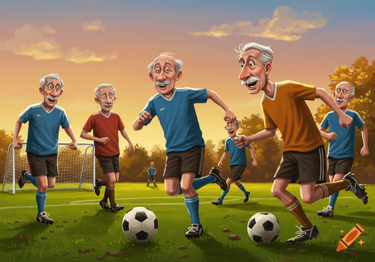 Cartoon illustration of elderly men enthusiastically playing soccer on a green field at sunset.