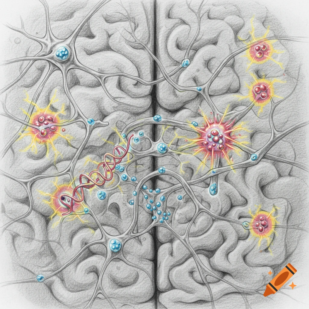 A detailed pencil sketch illustration of a brain with neurons, abstract colorful bursts, and blue spheres representing molecular activity.