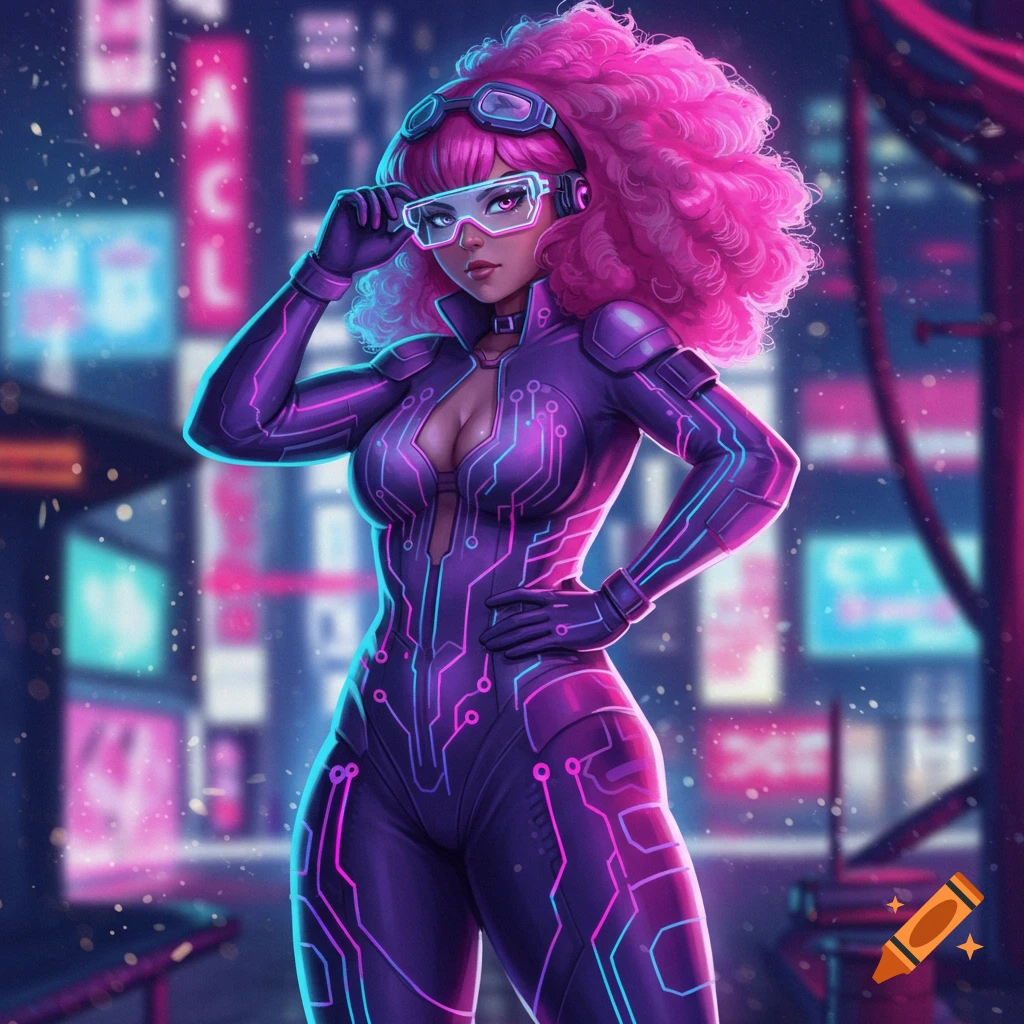 A stylized cyberpunk woman with pink curly hair and glowing purple suit and goggles stands in a neon-lit city.