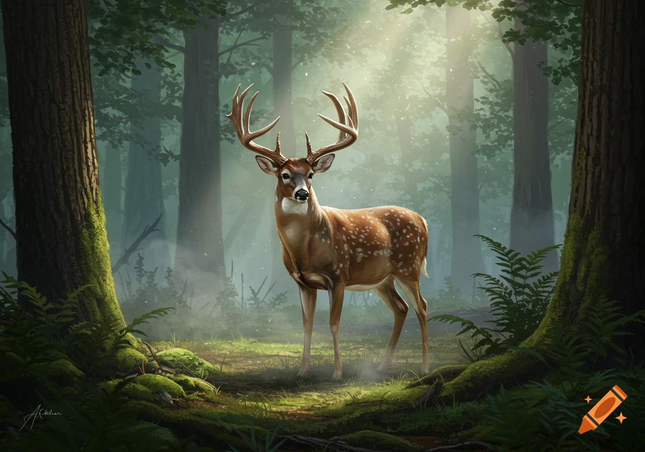 A deer with large antlers stands in a misty, sun-dappled forest clearing, rendered in a realistic painting style.
