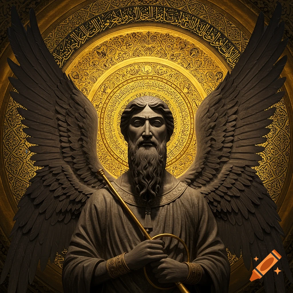 A stern statue-like figure with a beard and large dark wings holding a staff, against a detailed golden Byzantine pattern background with script.