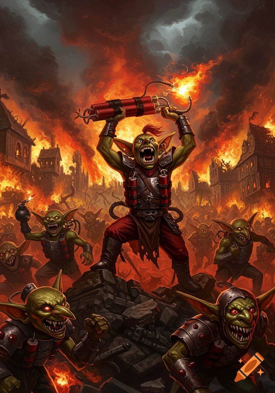 A horde of green goblins, one holding lit dynamite aloft, attacks a burning city under a dark, smoke-filled sky in a fantasy illustration.