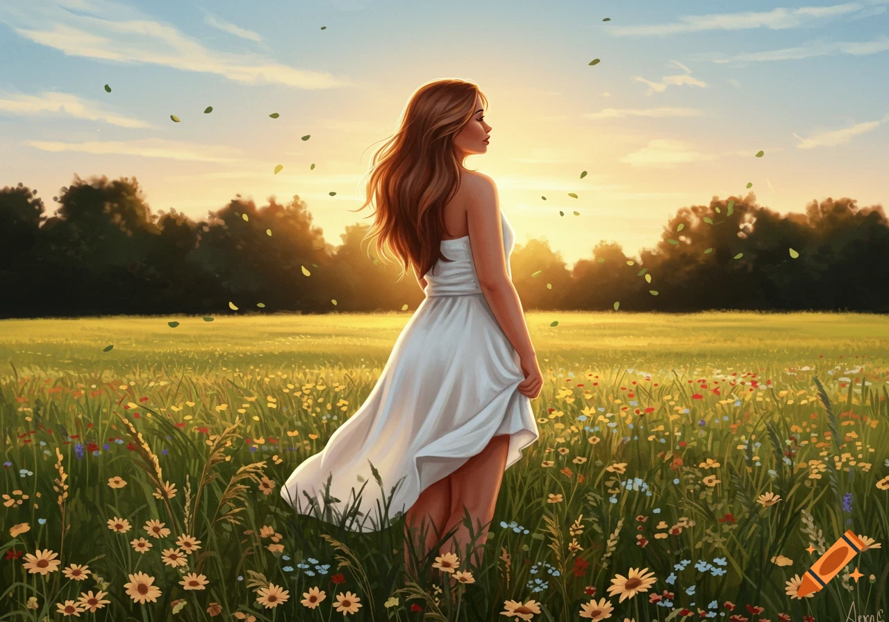 A woman with long brown hair in a white dress stands in a field of wildflowers at sunset, with leaves falling around her.