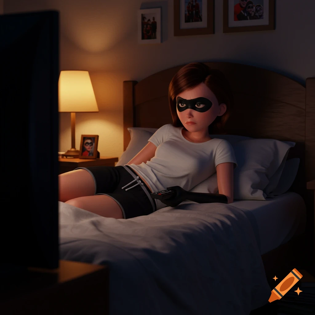 Mrs. Incredible, wearing a white t-shirt, black shorts, and her mask, reclines bored in bed while holding a TV remote.