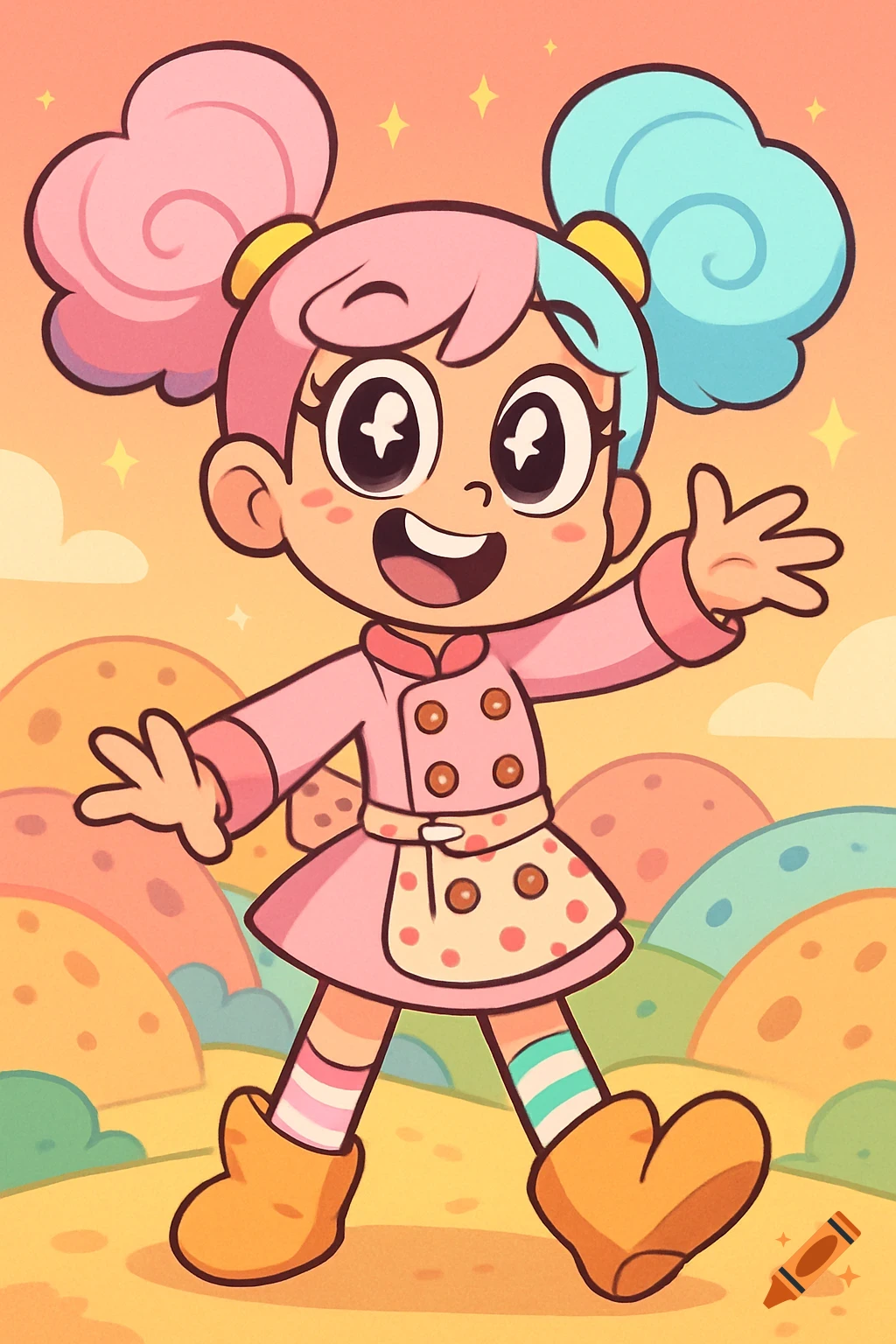 A cheerful cartoon girl with pink and blue pigtails, wearing a pink chef's coat and apron, stands in a candy-land-like landscape.