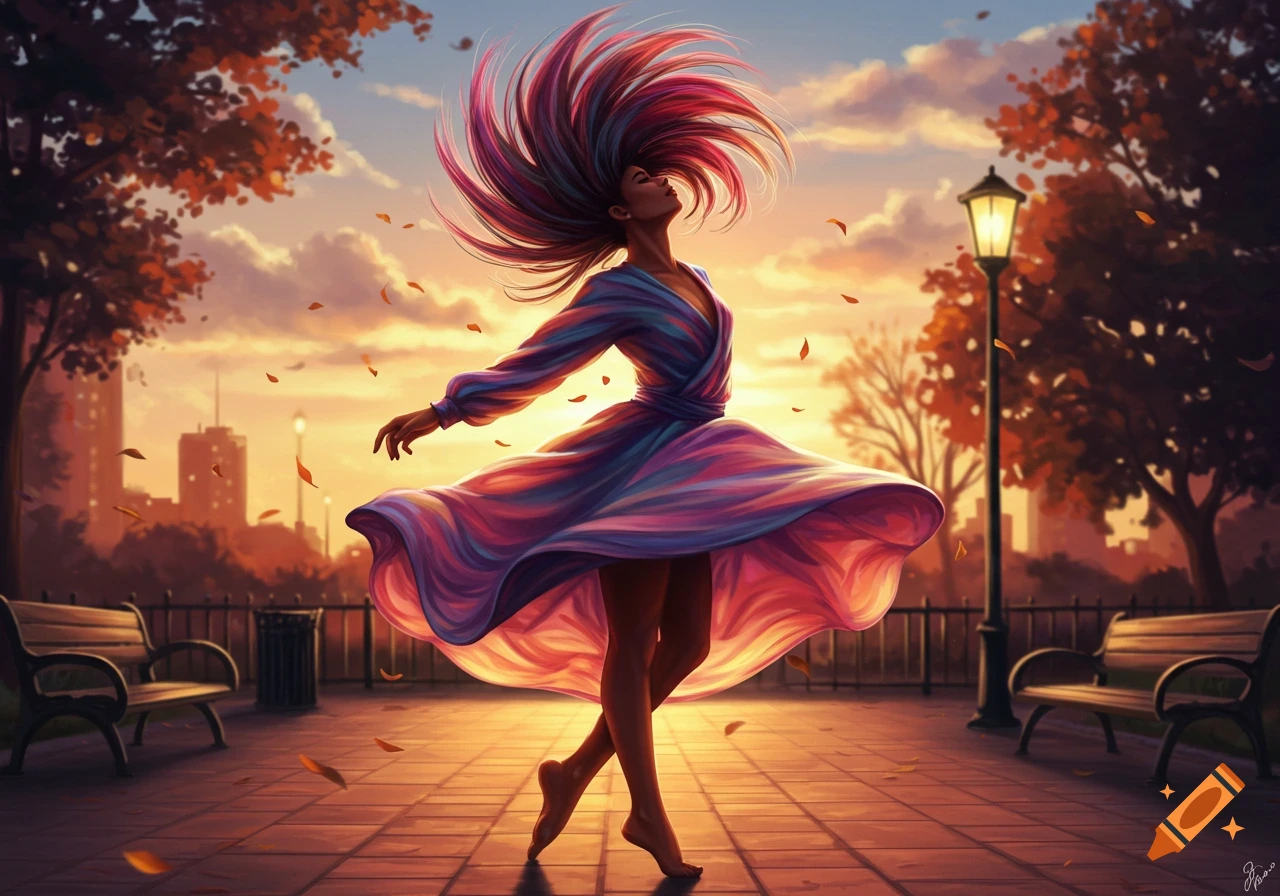Vibrant painterly image of a woman spinning in a park at sunset, her colorful hair and dress flowing as autumn leaves fall.