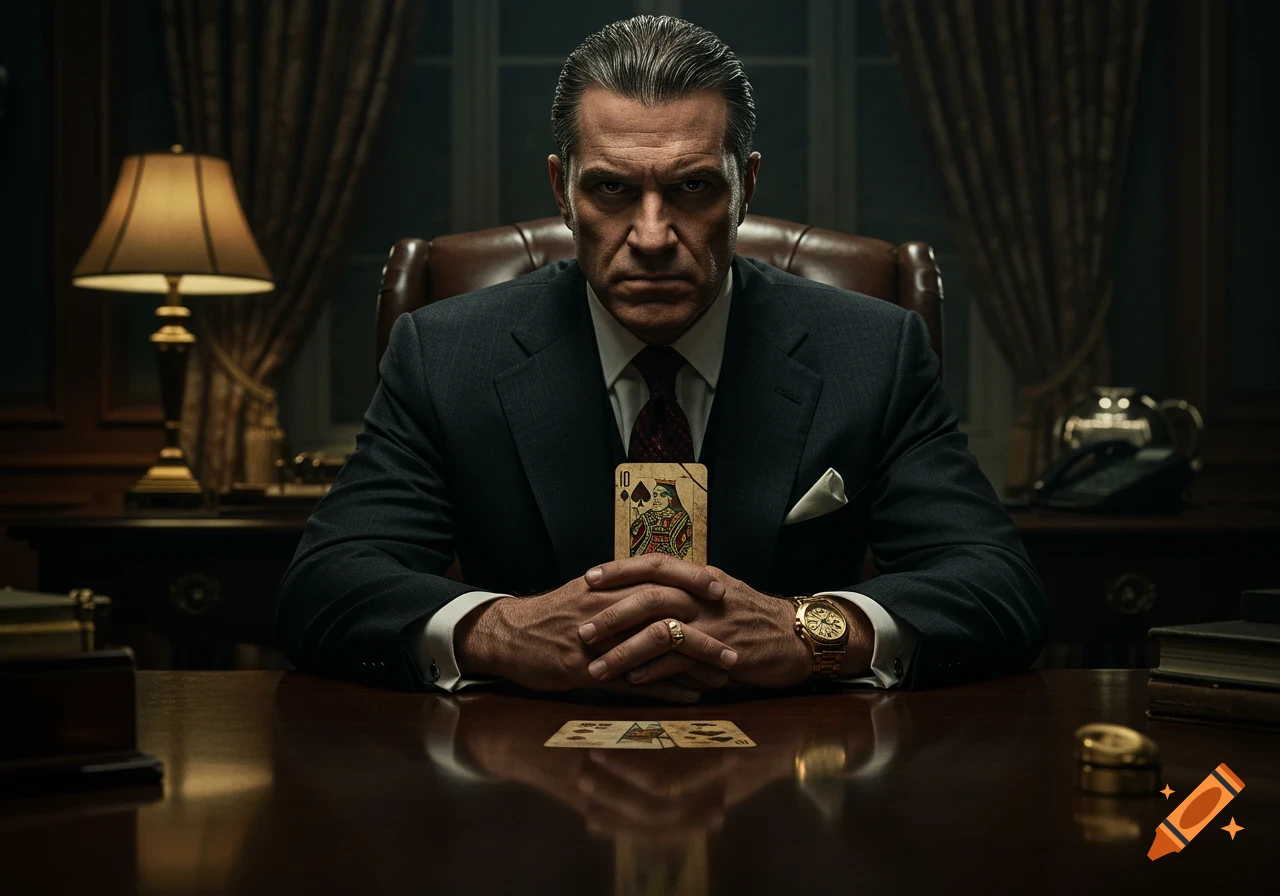 A stern man in a dark suit sits at a desk, holding a Queen of Spades playing card with a '10' visible on it. Another card is face down on the table.