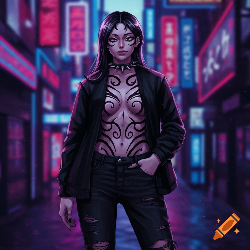 A woman with black hair, a spiked choker, and intricate black tattoos on her torso stands in a neon-lit alley, wearing an open black jacket and ripped jeans.