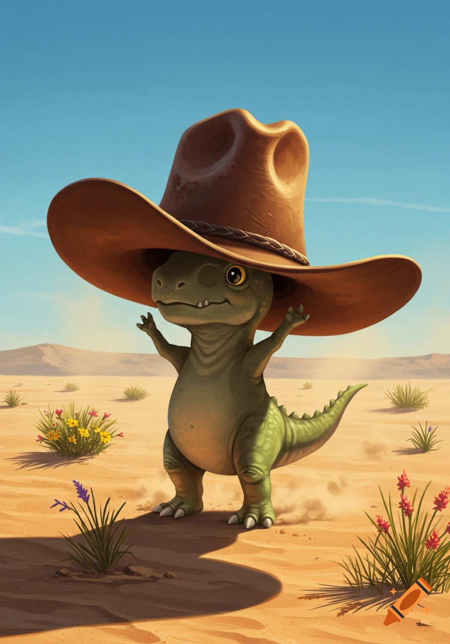 A cute, cartoon baby dinosaur wearing a large cowboy hat stands in a desert landscape with small plants under a clear sky.