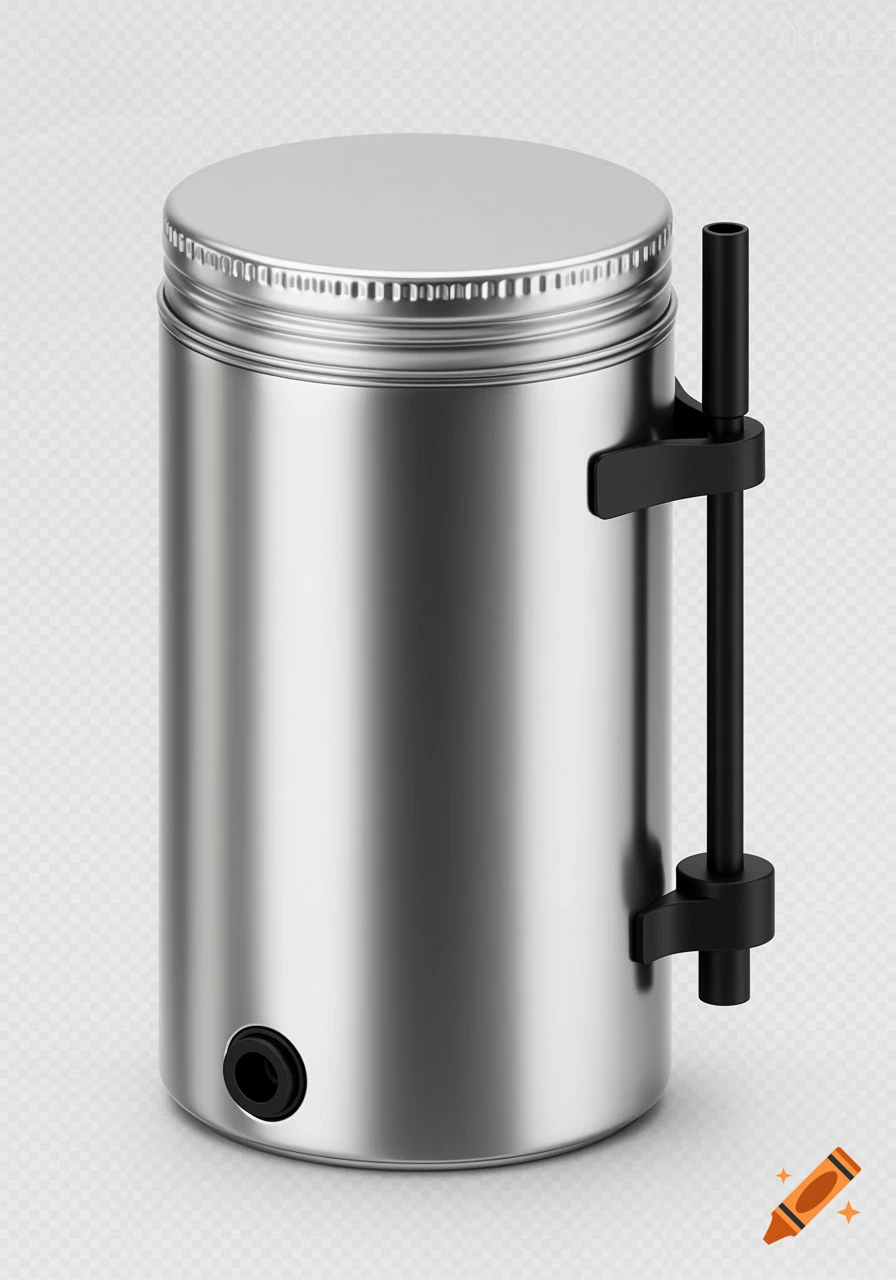 A photorealistic silver tobacco tin with a screw-cap lid, a black vacuum pump stick attached to the side, and a black grommet at the bottom.