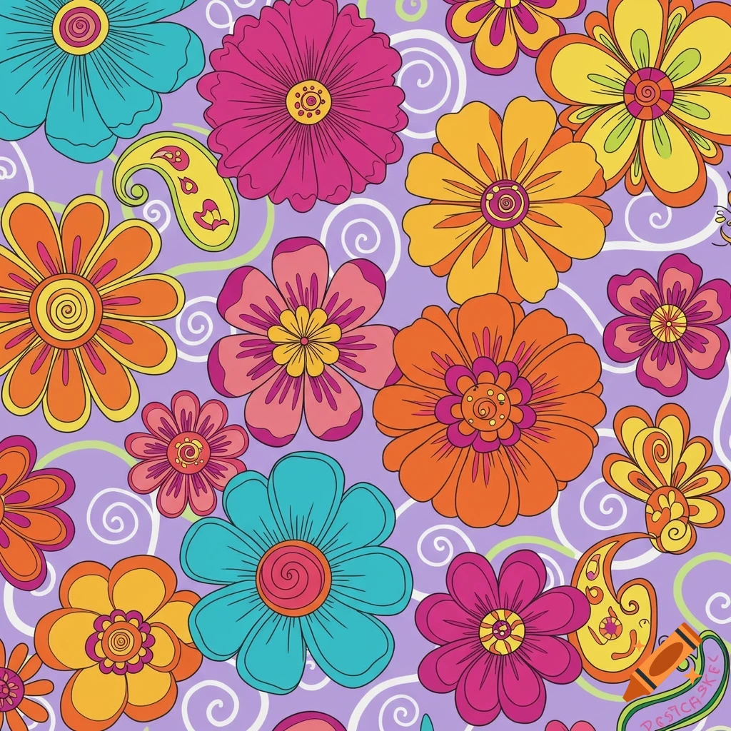 A vibrant, seamless pattern of stylized flowers in orange, pink, yellow, and blue on a light purple background with white swirls and green paisley shapes.