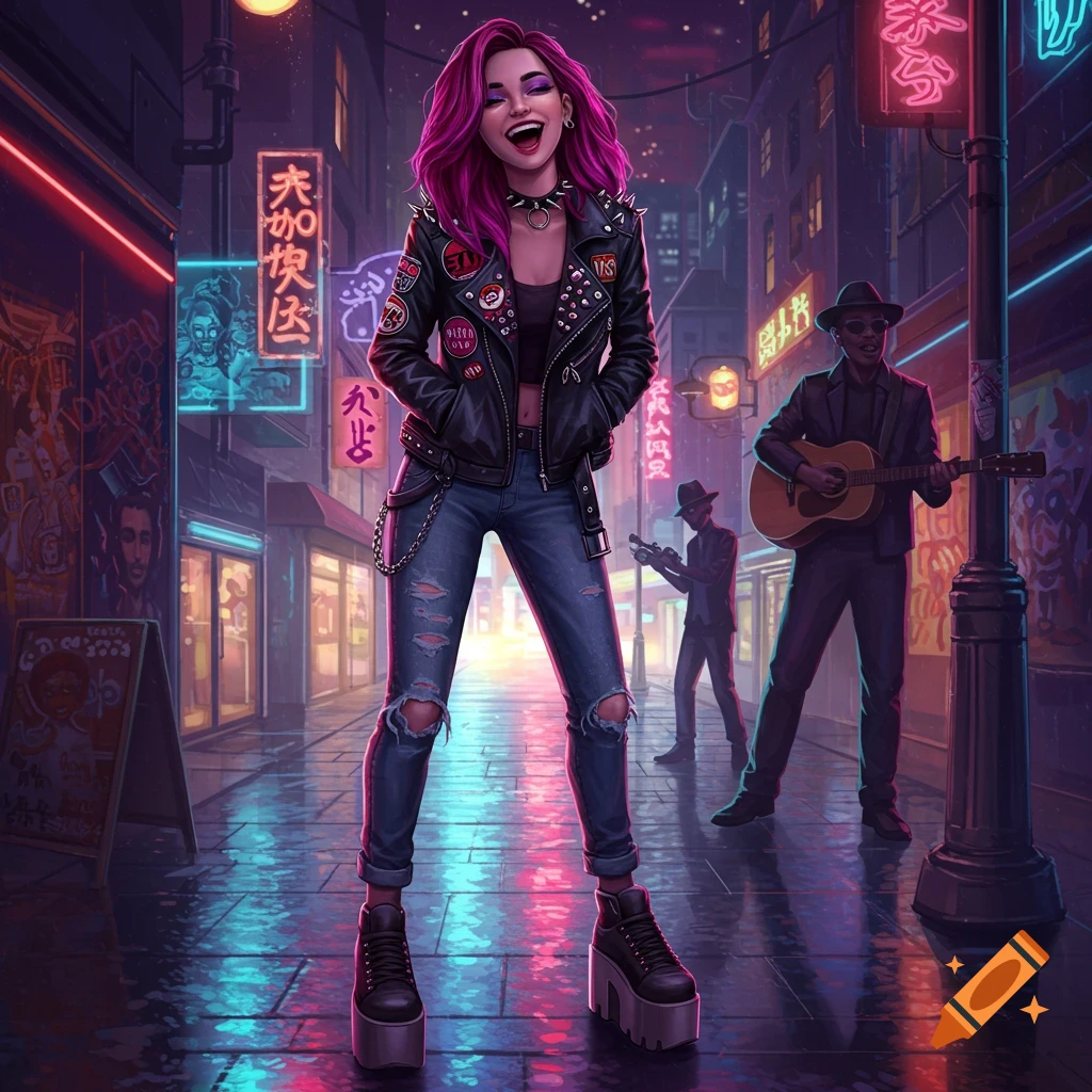 A girl with vibrant pink hair in a punk rock outfit stands on a wet, neon-lit city street with background musicians.