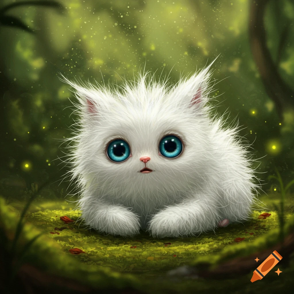 A fluffy white creature with big blue eyes sits in a mossy forest with sparkling lights.
