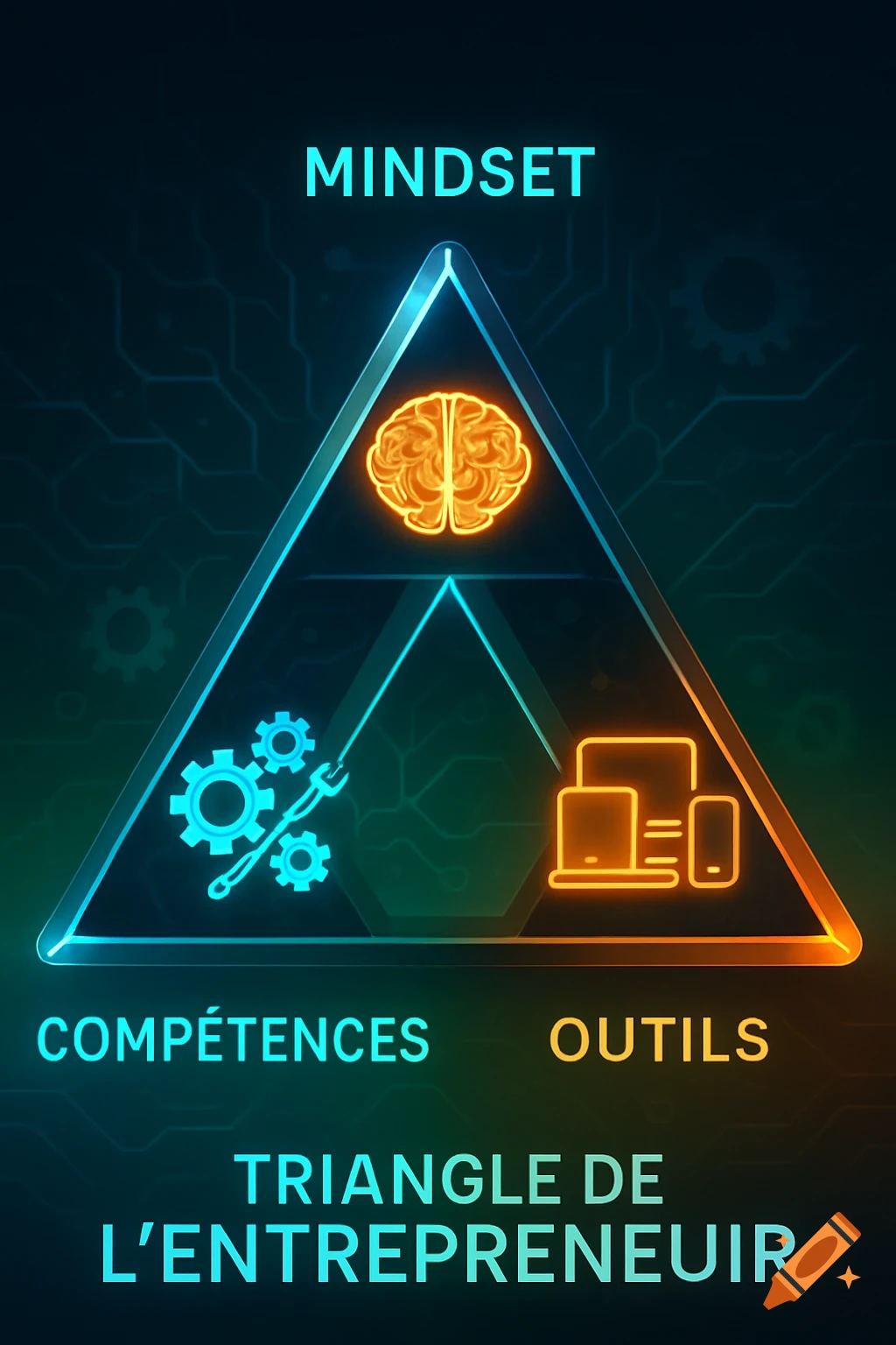 A glowing blue and orange triangular diagram with icons for mindset, skills, and tools, labeled MINDSET, COMPÉTENCES, OUTILS, and TRIANGLE DE L'ENTREPRENEUR.