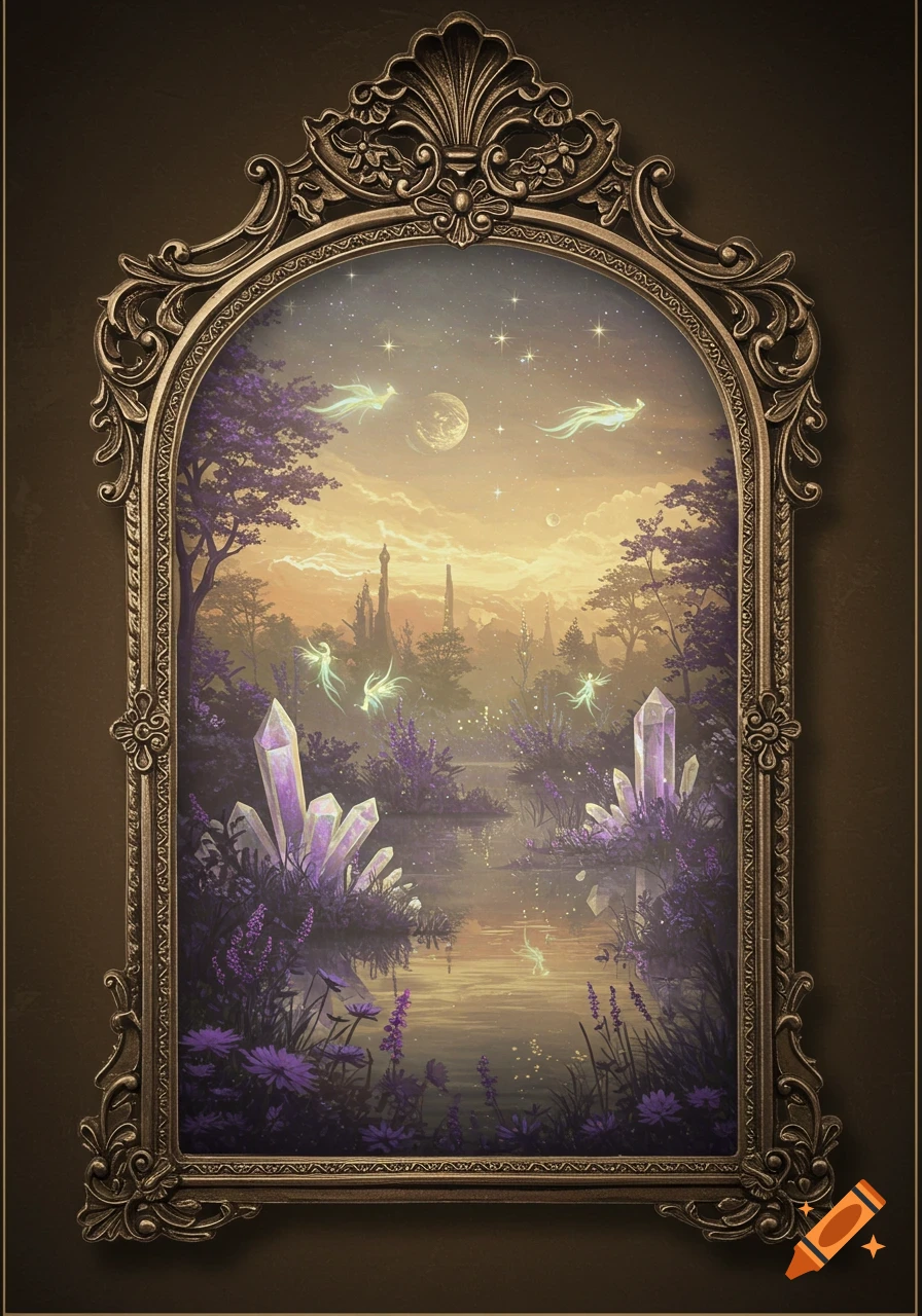Fantasy painting in an ornate frame showing a moonlit landscape with glowing fairies, purple crystals, a river, and distant castles.