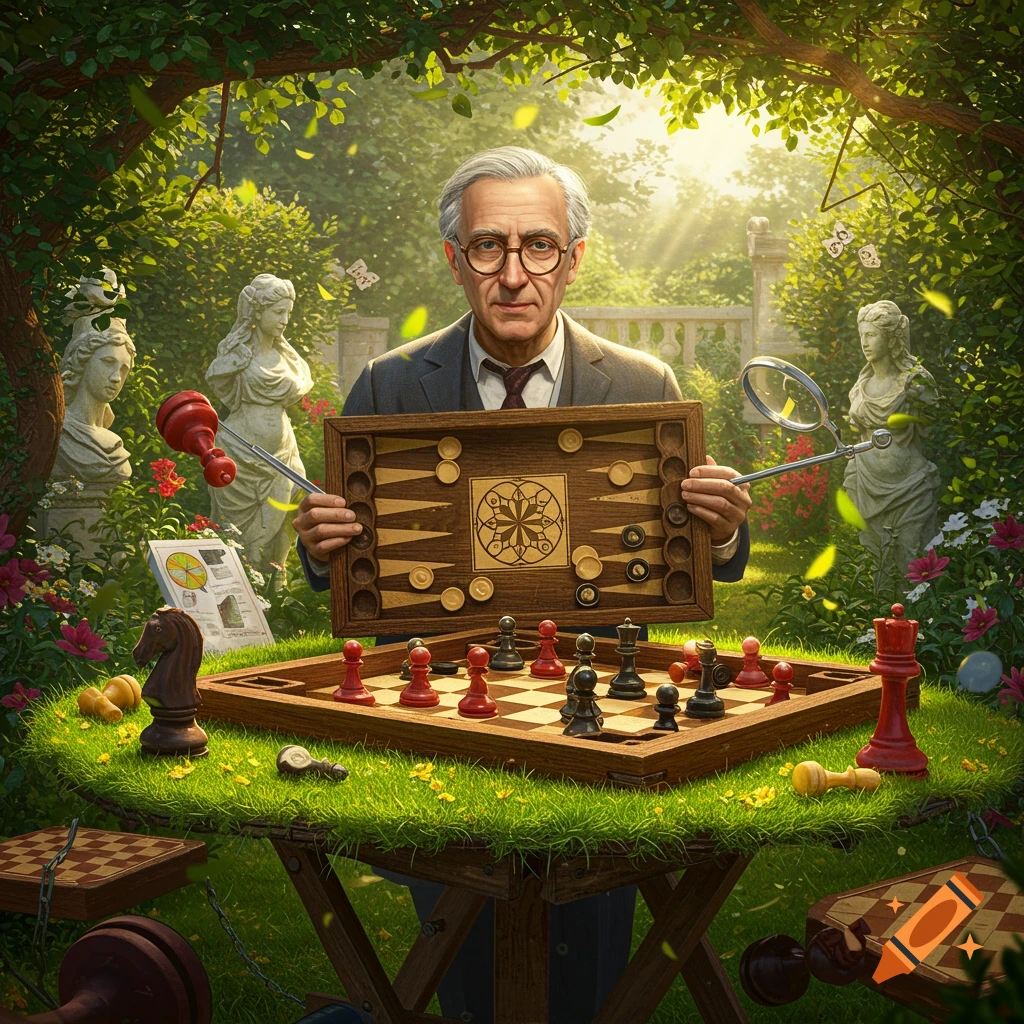 An elderly man in glasses holds a backgammon board in a lush green garden with chess pieces scattered on a grass-covered table, surrounded by classical statues and floating elements.