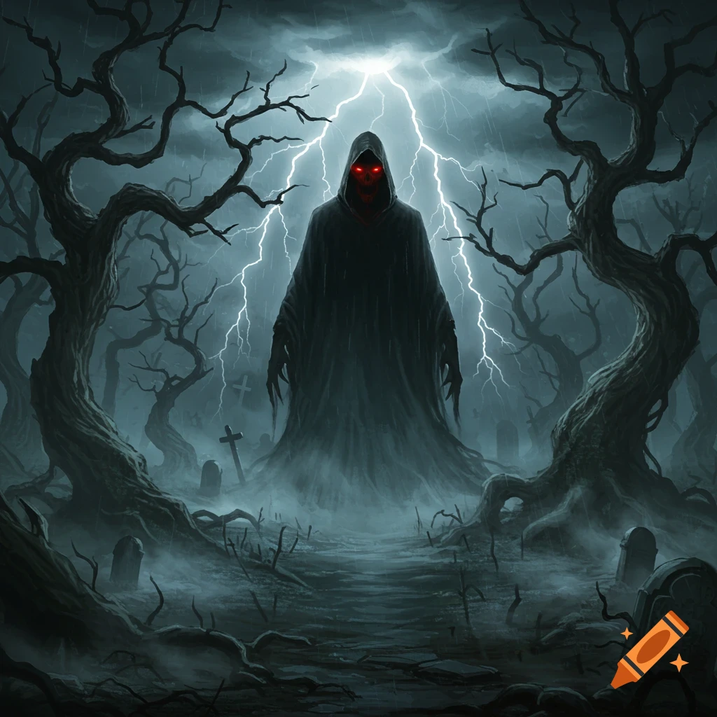 A cloaked figure with glowing red eyes stands in a dark, stormy graveyard surrounded by gnarled trees, with lightning striking behind it.