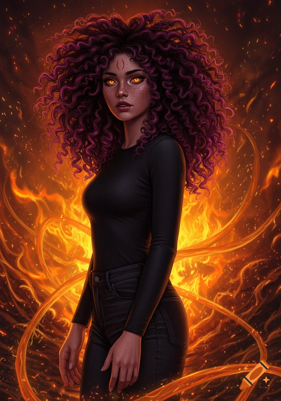 A dark-skinned woman with voluminous curly purple hair, glowing orange eyes, and a red mark on her forehead, wearing a black long-sleeve shirt and black jeans, stands against a vibrant background of swirling orange flames and embers.