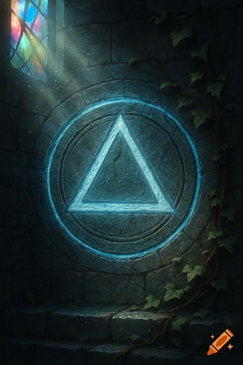 A glowing blue triangular symbol within a circle carved into a dark stone wall, with light from a stained glass window.