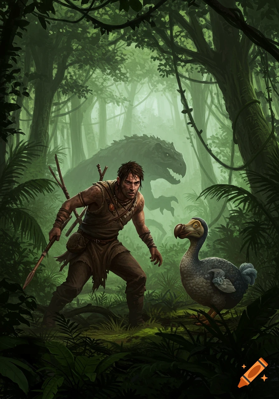 An illustrated scene of a man with a spear stalking a dodo bird in a misty jungle, with a dinosaur looming behind him.