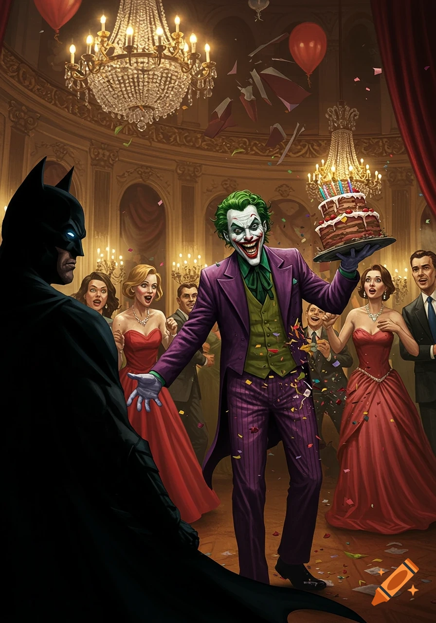 Joker grins, holding a cake towards Batman at a chaotic birthday party in a grand ballroom, comic book illustration.