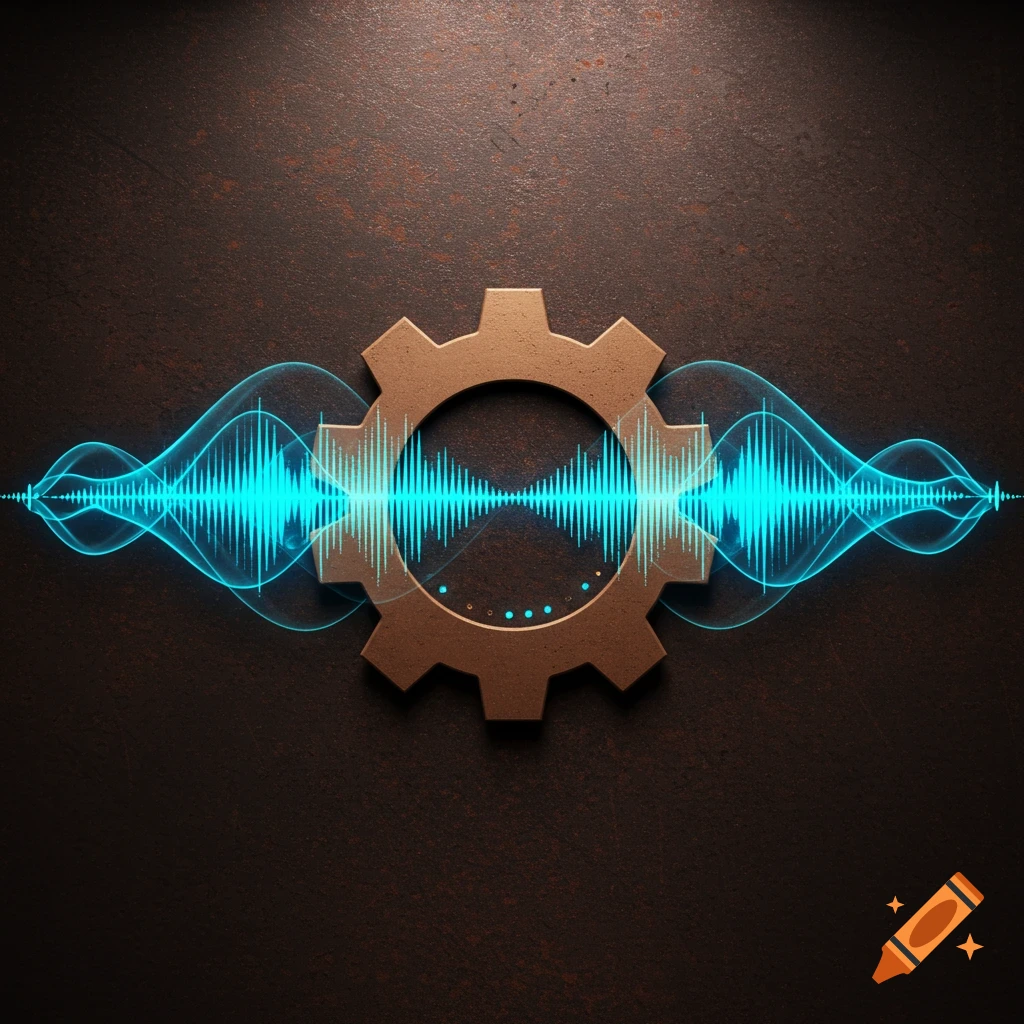 A bronze gear is centered on a dark, textured background, with a glowing blue sound waveform extending horizontally through it.