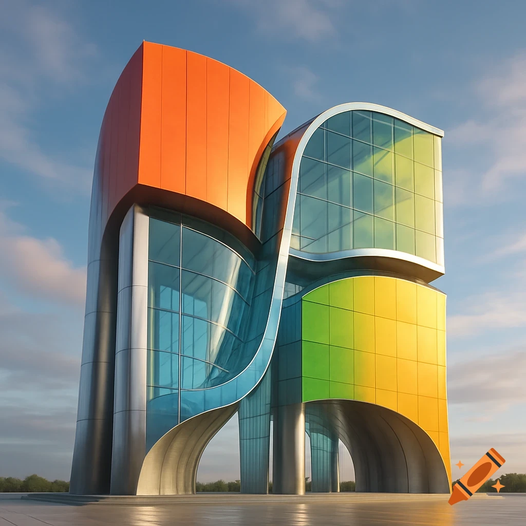 A colorful, modern abstract building with curved orange, green, and yellow sections, glass facades, and silver supports against a blue sky.