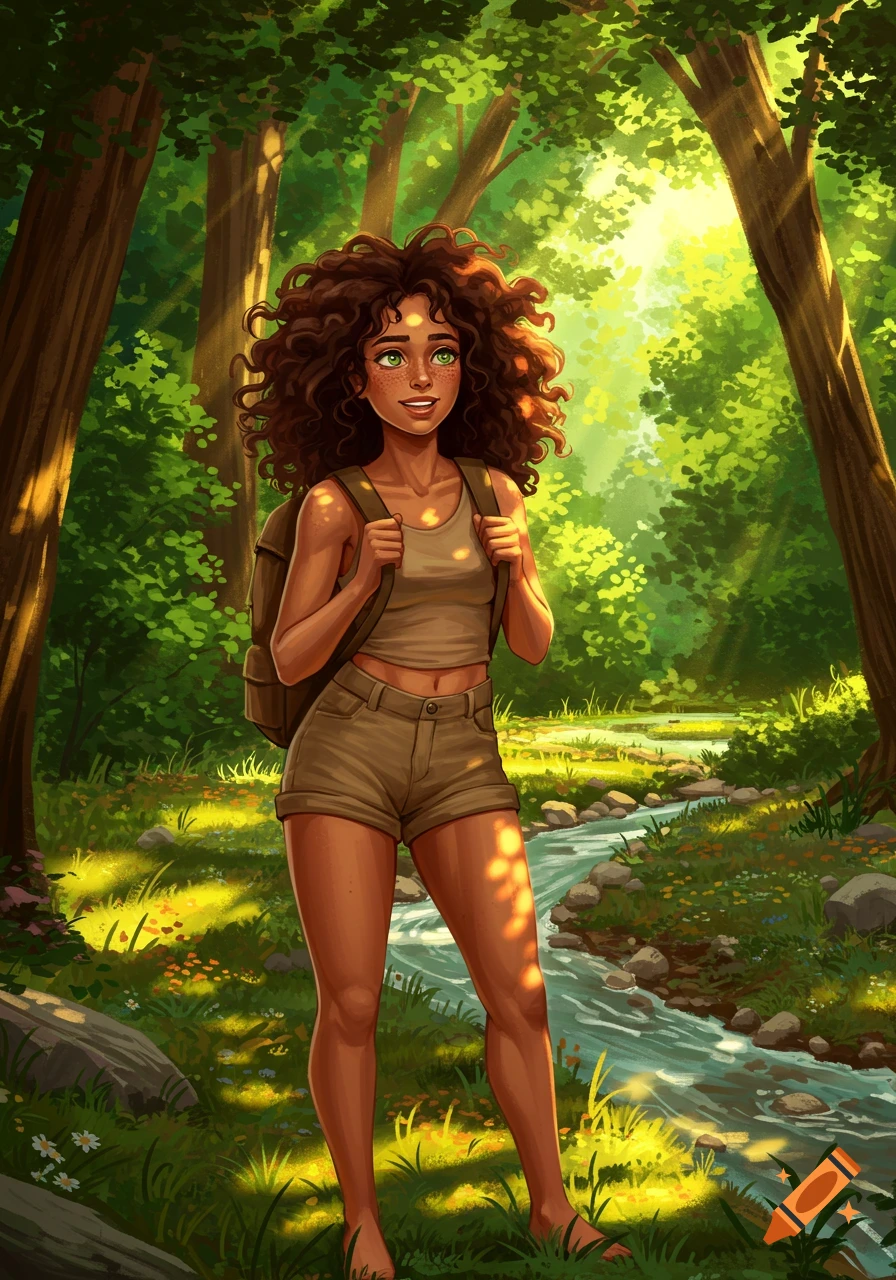 A smiling woman with curly brown hair and a backpack stands in a sunlit forest next to a stream, depicted in digital art style.