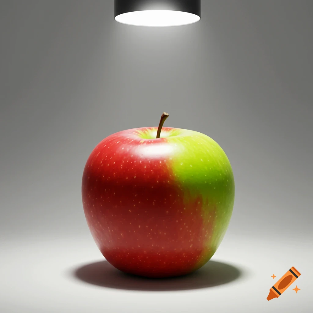 A photorealistic apple, half red and half green, under a bright spotlight on a gray background.