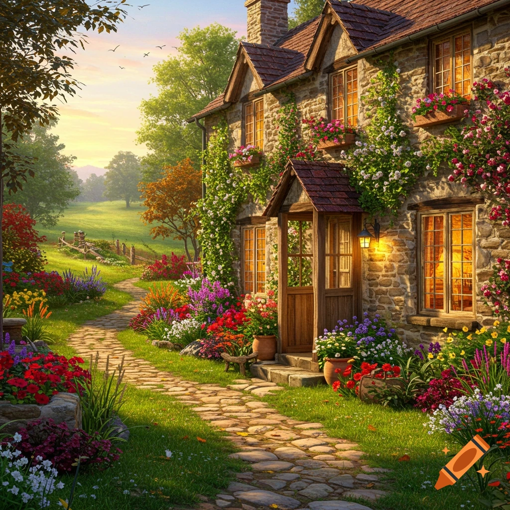 A charming stone cottage with a brown roof, covered in vines and colorful flowers, next to a cobblestone path in a vibrant garden at sunset.