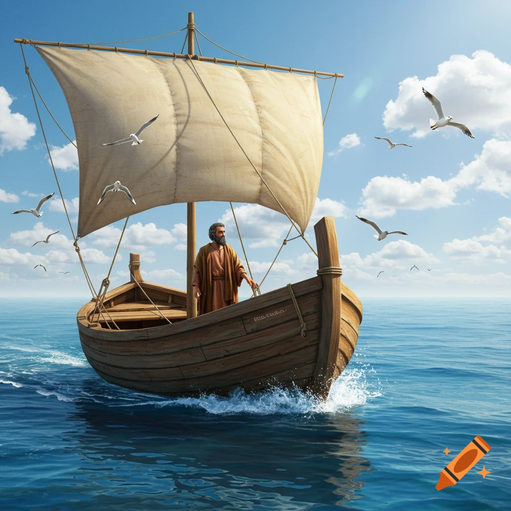 A bearded man in a robe steers a wooden sailboat on a blue sea with seagulls under a bright sky.