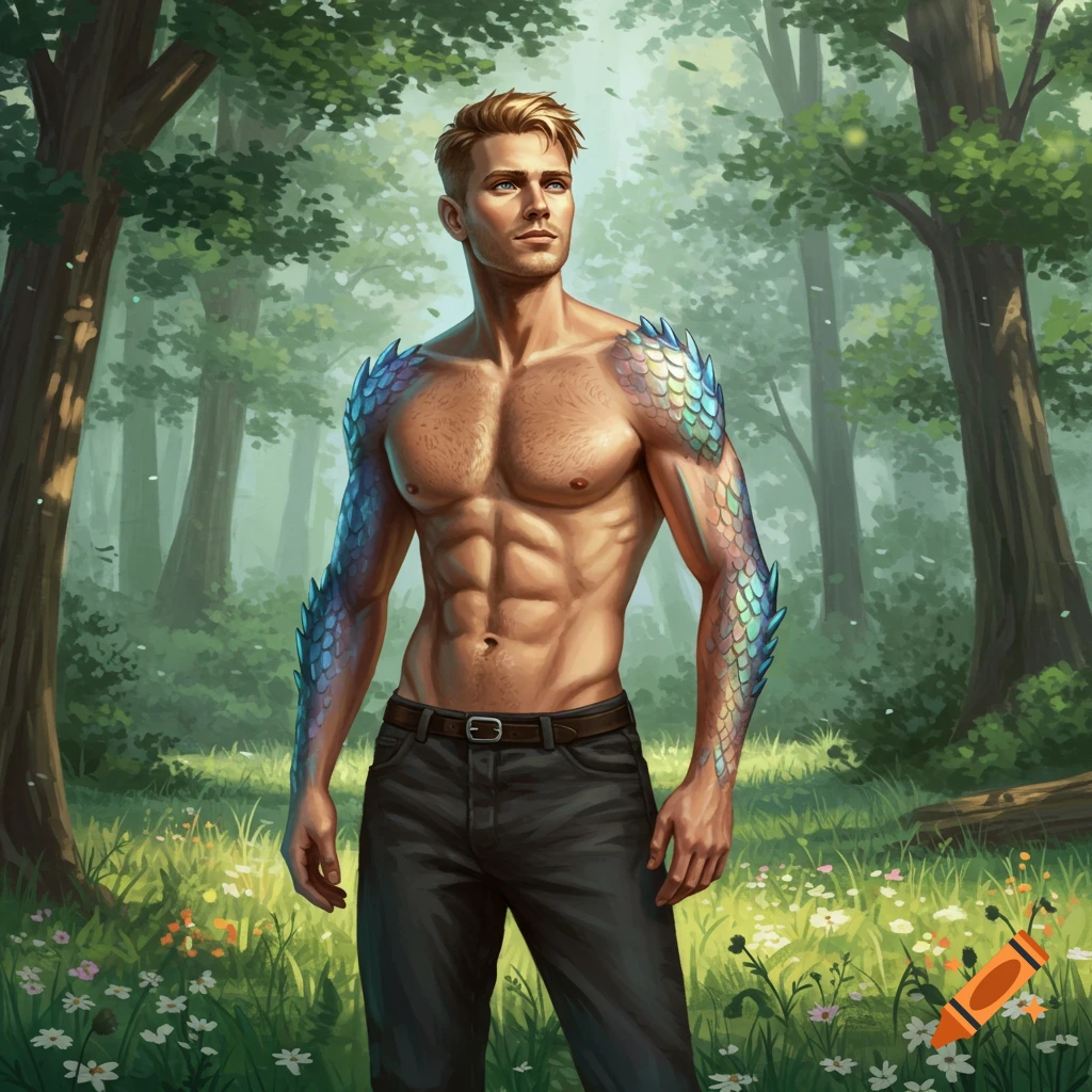 A shirtless blonde man with blue and green dragon scales on his arms and shoulders stands in a forest with flowers.