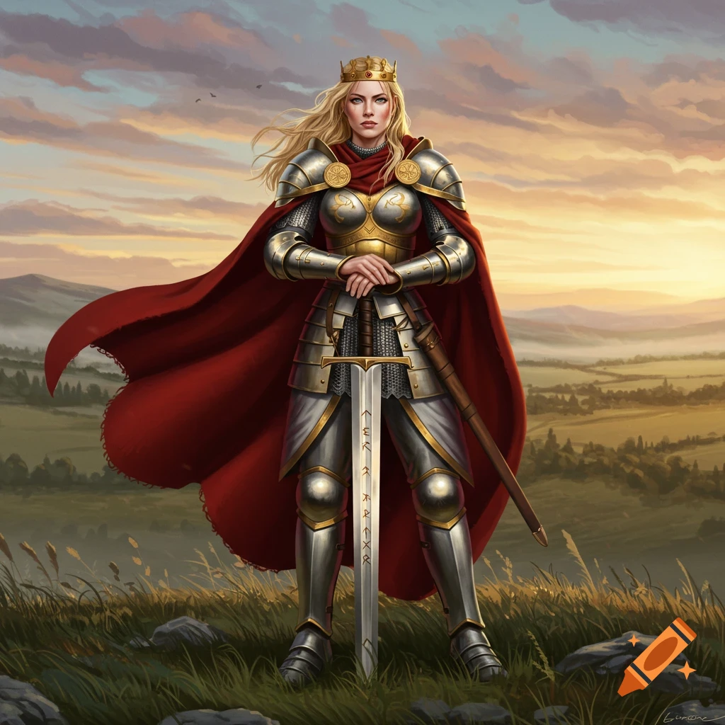 A blonde woman in silver and gold armor with a red cape stands in a field at sunset, holding a large sword.