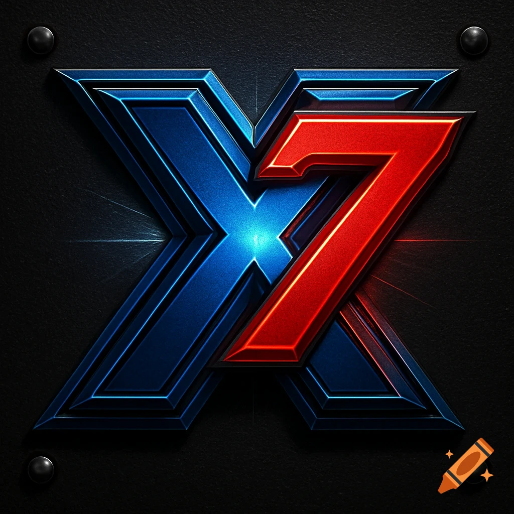 A metallic, blue 'X' intertwined with a red '7' on a dark, textured background, resembling a superhero logo.