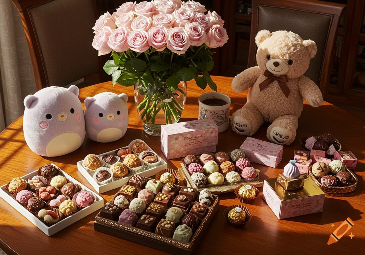 A table with a bouquet of pink roses, assorted chocolates, two Squishmallows, and a teddy bear.