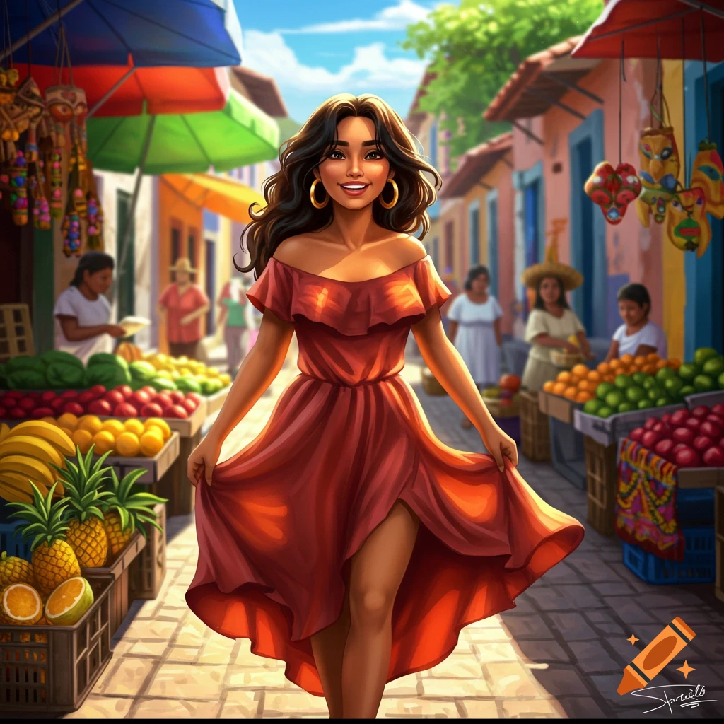 A vibrant illustration of a Latina woman in a red dress walking through a lively outdoor market with fruit stalls.