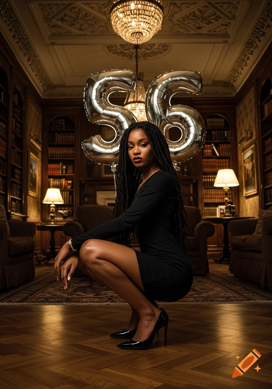 A woman in a black dress and heels crouches gracefully in a luxurious library, with '56' balloons behind her, in a cinematic editorial style.