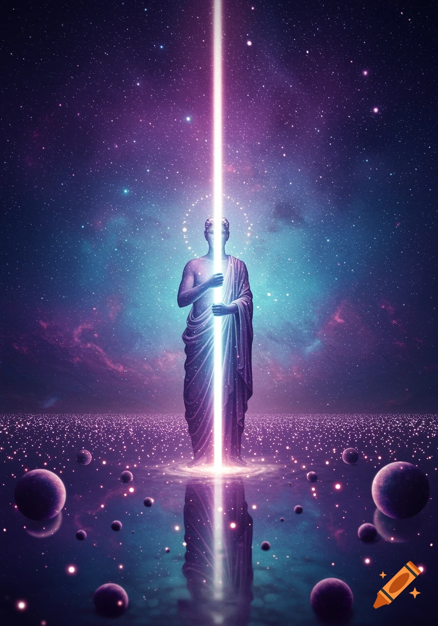 A robed, statue-like figure stands in a cosmic landscape of stars and planets, illuminated by a vertical beam of light.