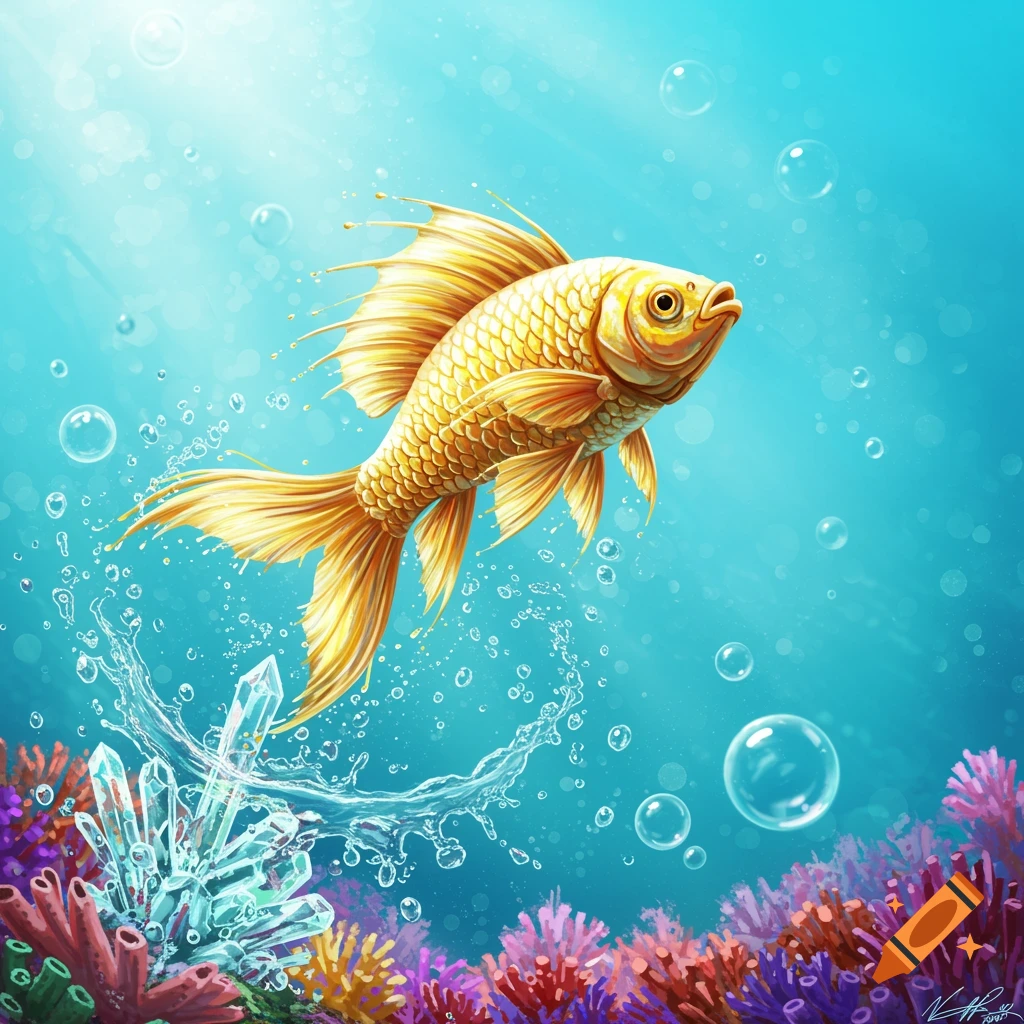 Vibrant illustration of a golden fish swimming underwater amidst colorful coral, bubbles, and glowing crystals.