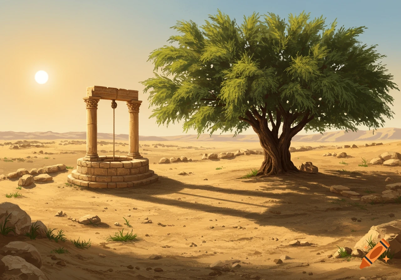 A stone well and a large green tree stand in a sandy desert landscape under a clear, bright sky.