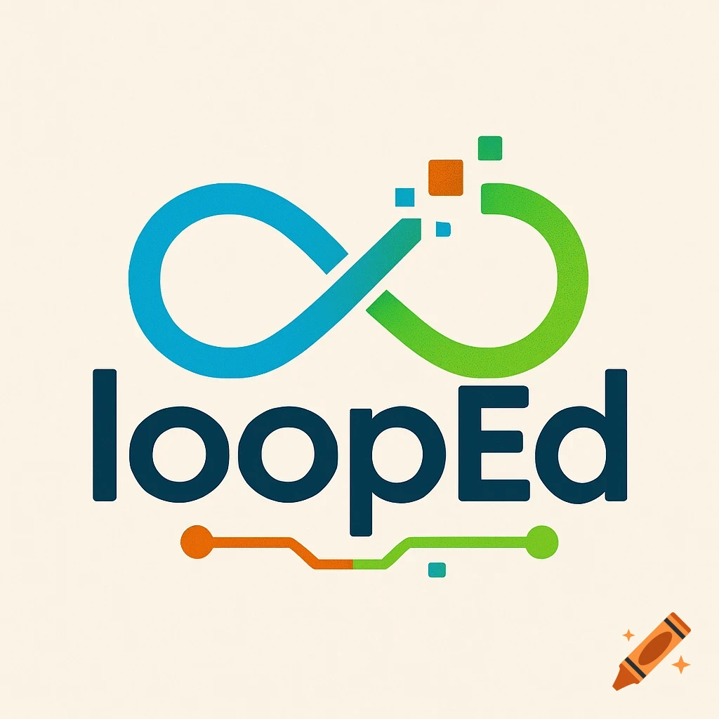 A logo for "loopEd" featuring a blue and green stylized infinity symbol with pixelated elements, above the word "loopEd" and a circuit-like line.