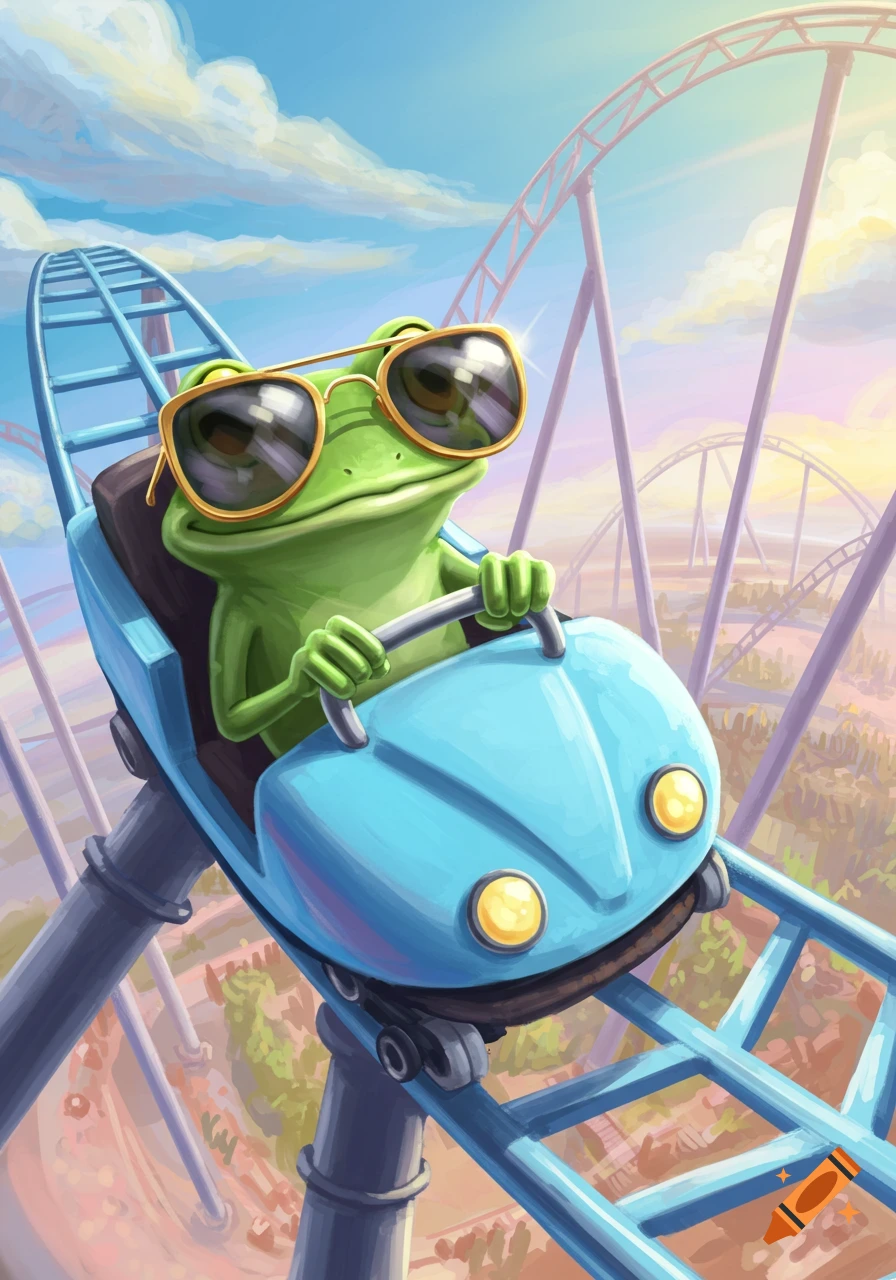 An animated frog wearing cool sunglasses rides a light blue roller coaster cart with a sunny sky background.