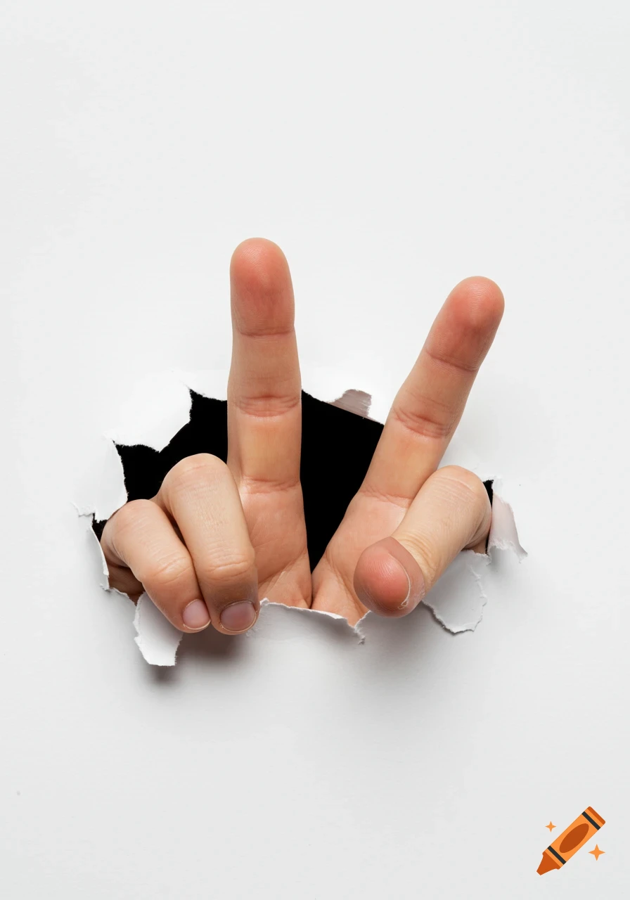 Close-up of two fingers forming a V-shape poking through torn white paper against a black background.