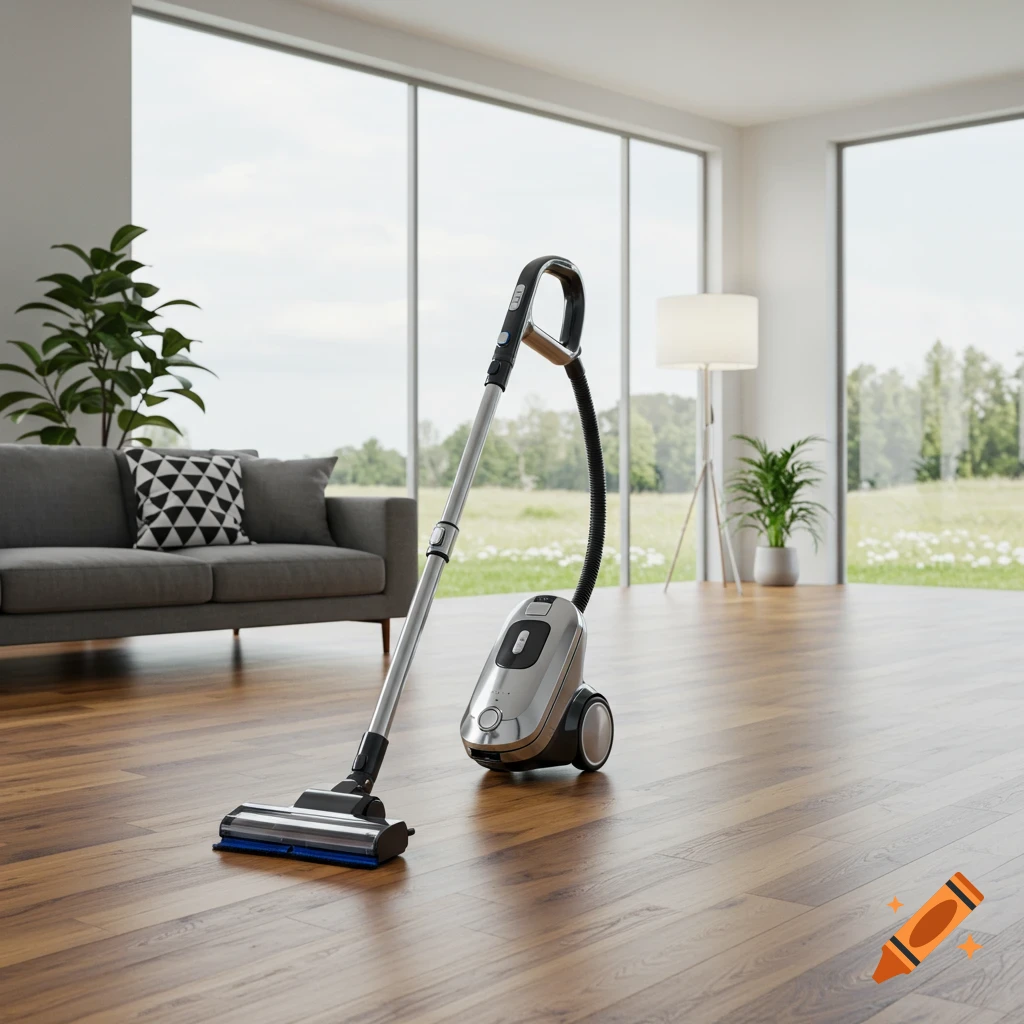 A modern vacuum cleaner stands on a wooden floor in a bright, spacious living room with large windows overlooking a green field.