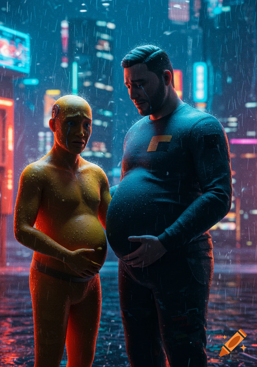 Two pregnant men, one orange-skinned and crying, stand in the rain in a dark, neon-lit cyberpunk city.