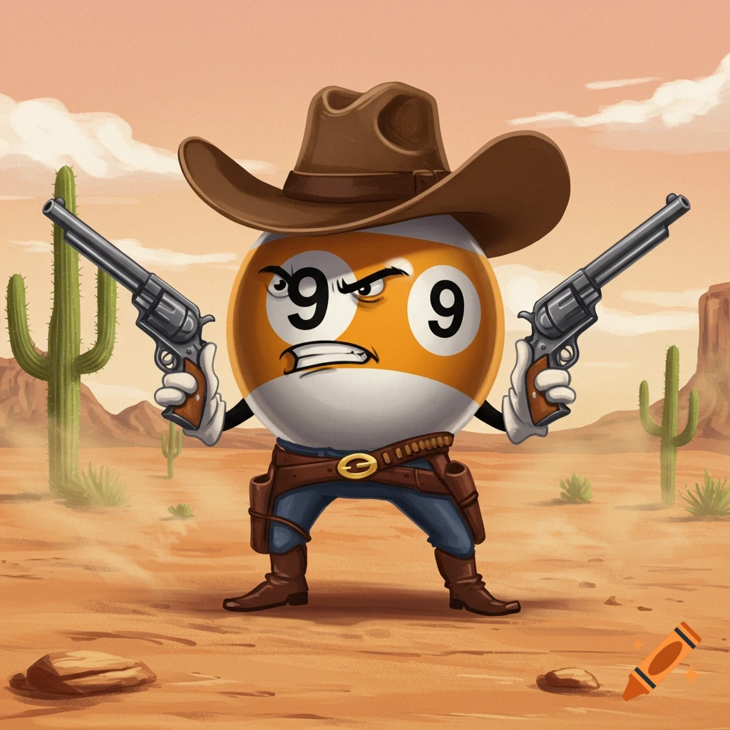 A determined 9-ball character wearing a cowboy hat and western outfit, holding two pistols in a desert landscape.