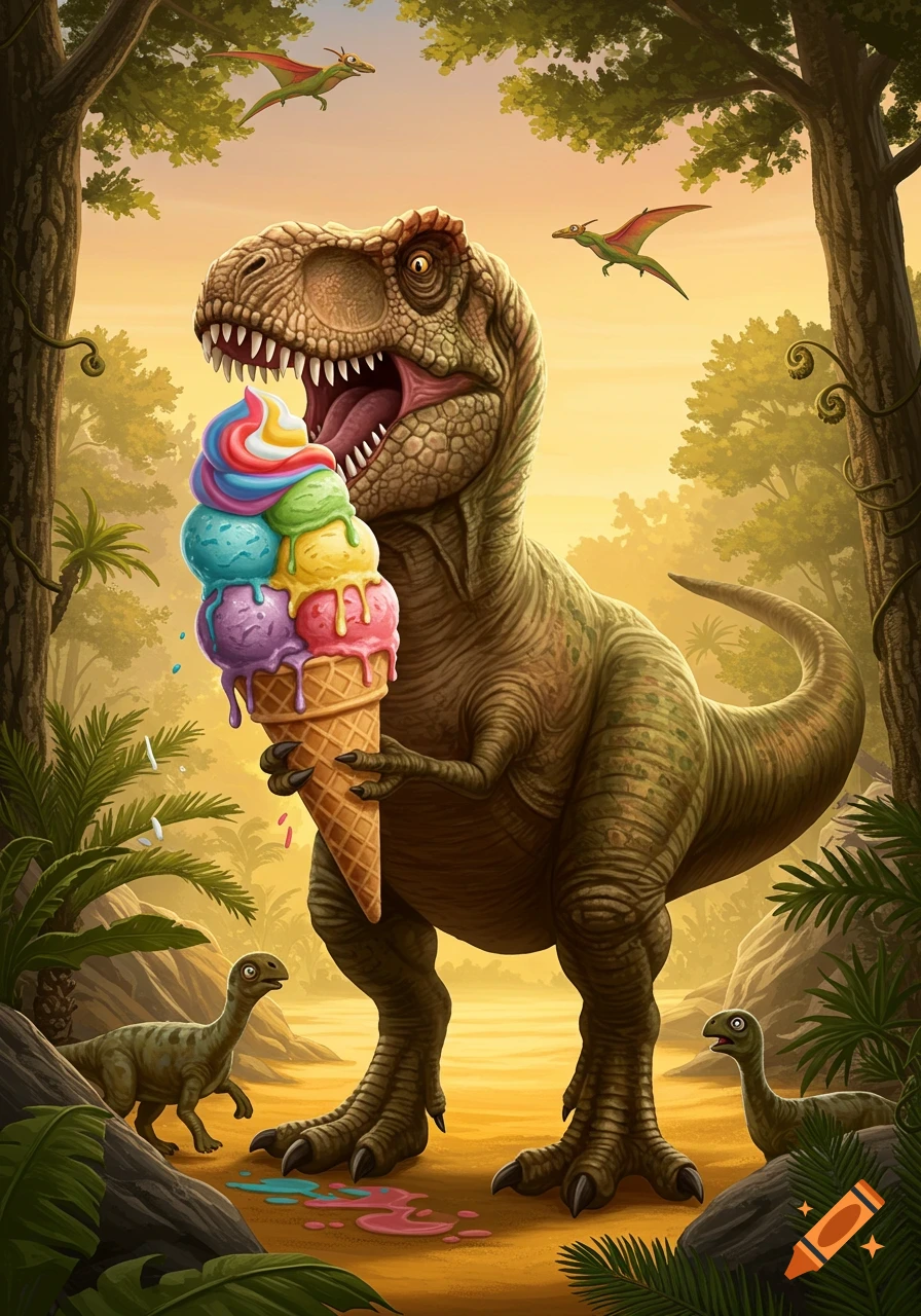 A happy T-Rex holds a large, colorful ice cream cone in a lush, prehistoric jungle with smaller dinosaurs and flying pterodactyls. Stylized illustration.