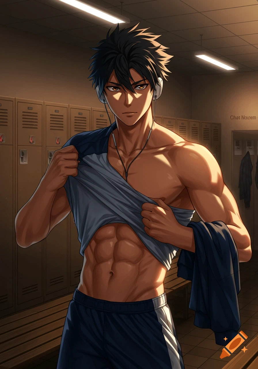 An athletic anime boy with spiky black hair showing his muscular abs in a locker room.