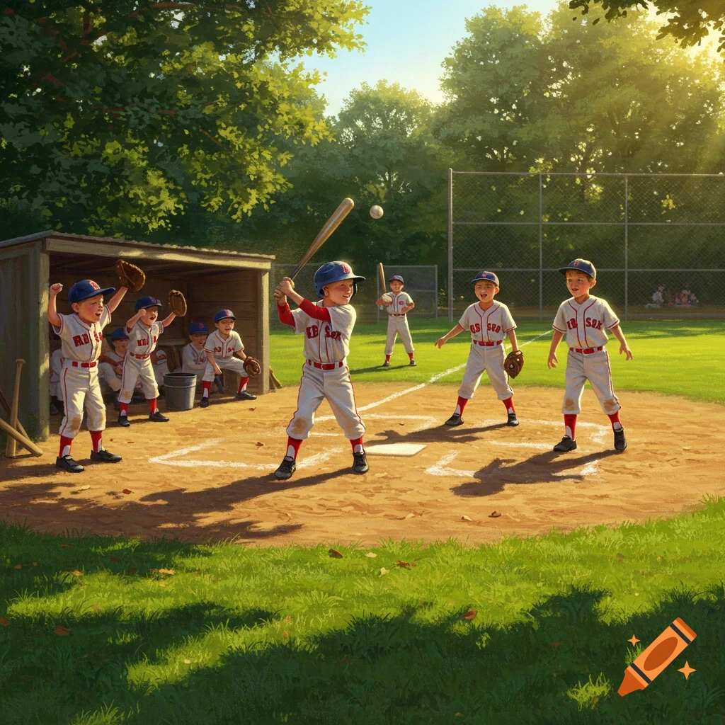 Several young boys in vintage Red Sox baseball uniforms play on a sunny field, with one boy batting and others watching.